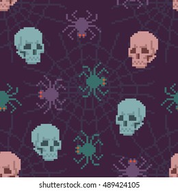 Pixel Seamless Spider Pattern with Skulls