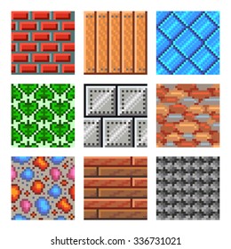 Pixel seamless textures for games icons high detailed vector set