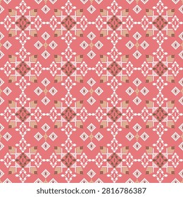Pixel seamless vector pattern. Background with decorative tribal elements. Boho style. Stitchwork. Cross-stitch embroidery in an orange tone. Wallpapers and interior design.