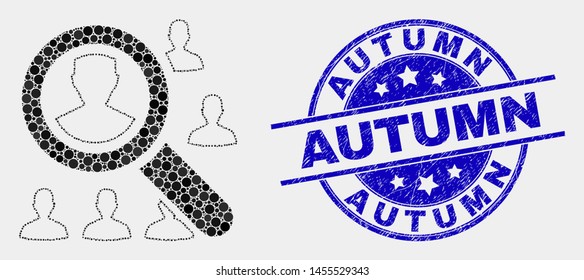 Pixel search users mosaic icon and Autumn stamp. Blue vector round scratched stamp with Autumn title. Vector composition in flat style. Black isolated search users mosaic of randomized circles,