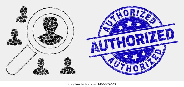Pixel search users mosaic pictogram and Authorized seal. Blue vector round scratched seal with Authorized title. Vector composition in flat style. Black isolated search users mosaic of scattered dots,