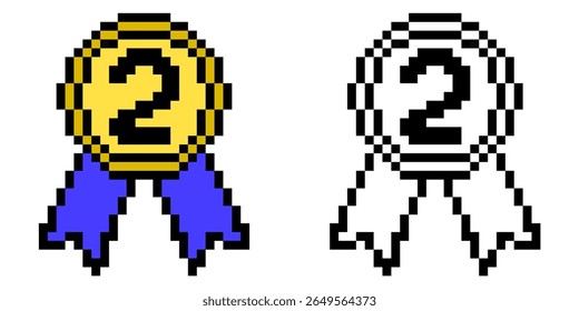 Pixel second medallion vector, a retro-style award for runner-up achievement. Ideal for gaming, digital recognition, or nostalgic designs celebrating a commendable second place.
