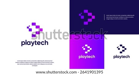 pixel series logo with play button shape, broadcasting symbol, entertainment, graphic design template.
