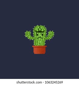 Pixel serious cactus.8bit cactus.pixel vector illustration.