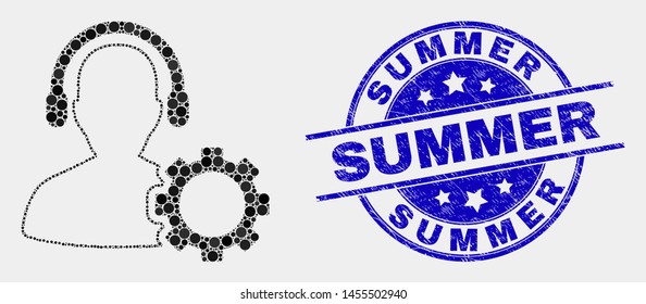 Pixel service call center mosaic pictogram and Summer seal stamp. Blue vector round grunge stamp with Summer message. Vector composition in flat style.