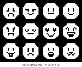 Pixel set with black and white emojis. Pixel art cute emotional faces isolated on background. Vector 8bit pixel illustration