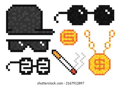 Pixel set of boss sunglasses, gold chain, coin, cigarette and raper cap. Vector illustration.