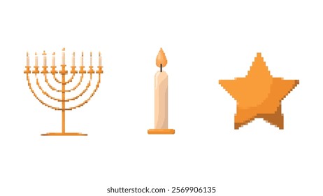 Pixel set of candle, star and candlestick.Design elements isolated on white background.Game development, mobile app.8-bit sprite.