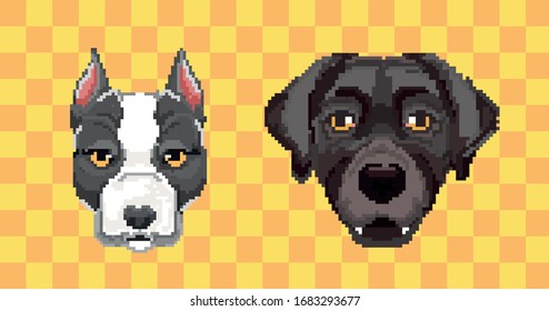 Pixel set dogs portrait detailed isolated vector illustration