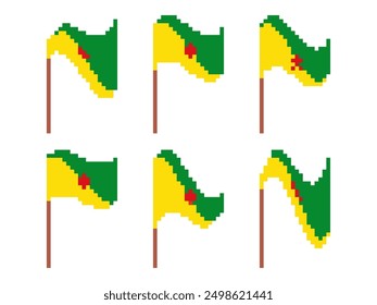 Pixel set of French Guiana flag icons isolated on white background. Waving French Guiana flag in 8-bit retro graphic style from the 80s. Pixel art style design for banners. Vector illustration