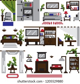 pixel set of furniture for the living room on a white background vector