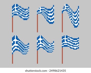 Pixel set of Greece flag icons isolated on white background. Waving flag of Greece in 8-bit retro graphic style of 80s. Pixel art style design for banners and posters. Vector illustration