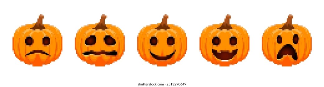 Pixel Set de uma abóbora de Halloween com um sorriso sinistro esculpido. Pixel arte Abóbora laranja com um tronco marrom em estilo retro, adequado para férias e desenhos digitais.