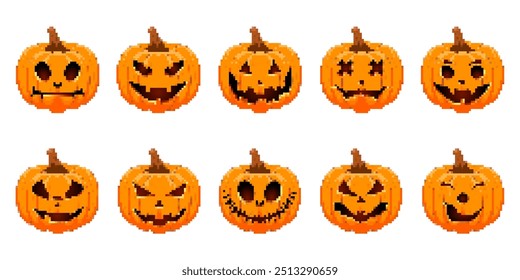 Pixel Set of a Halloween pumpkin with a carved sinister grin. Pixel art Orange pumpkin with a brown stem in retro style, suitable for holiday and digital designs.