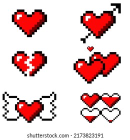 pixel set hearts icon in retro style.vintage love symbol, 8 bit vector illustration for computer game.web button love illustration bit heart pixel