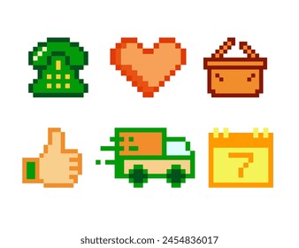 Pixel set of icons for website, app. Bright icons in green, yellow, orange color. Isolated on a white background. Vector