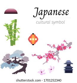 Pixel set of japanese national characters. Fuji vector design elements, bamboo, bonsai, sakura flowers, japanese lantern.