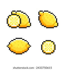 Conjunto de píxeles de limones aislados sobre fondo blanco. Colección de pegatinas pixeladas en estilo antiguo de 8 bits. Máquina tragamonedas o artículos de videojuegos. Iconos de frutas. Ilustración de vector de cítricos. 