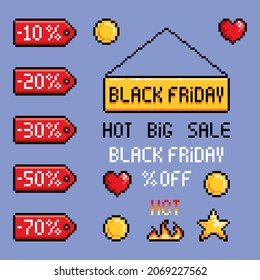 Pixel set of red sale tags and icons. Price tag label with percentage. Black Friday concept. Discount promotion, online shopping. 8 bit style vector illustration.