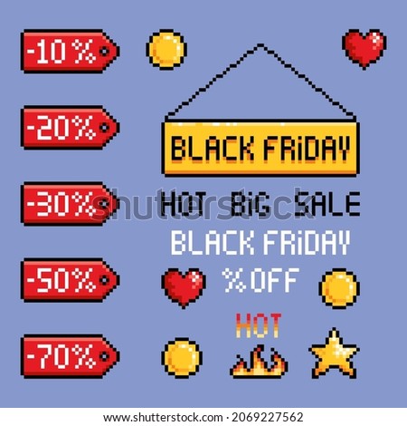 Pixel set of red sale tags and icons. Price tag label with percentage. Black Friday concept. Discount promotion, online shopping. 8 bit style vector illustration.