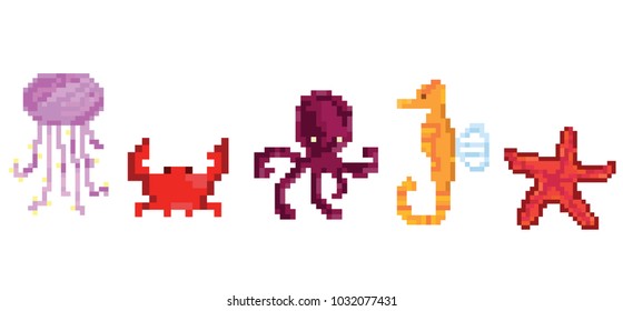 Pixel set sea animals. Pixel  octopus ,seahorse, crab, jellyfish, starfish. Vector illustration
