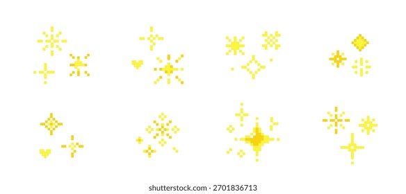 Pixel set sparks, retro game stars, whimsical y2k 8 bit elements. Glittering sparkles, fireworks 90 s aesthetics. Collection Sparkling stars pixel art.
