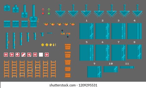 Pixel set of sprites for platformer game. There is animation of : press, elevator, lever, door, box, lamp animations