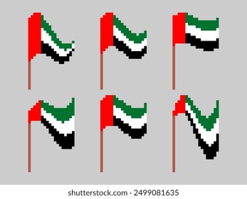 Pixelsatz von Flaggensymbolen der Vereinigten Arabischen Emirate einzeln auf weißem Hintergrund. Waving Fahne der Vereinigten Arabischen Emirate in 8-Bit Retro-Grafik Stil der 80er. Pixel Art Design für Banner. Vektorgrafik