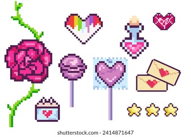 Pixel set valentines day, hearts, chupachups, potion, lgbt, 8 bit, retro, y2k pixel icon on white background