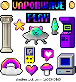 Pixel set, vaporwave, bright design for retro compositions, 8 bit games