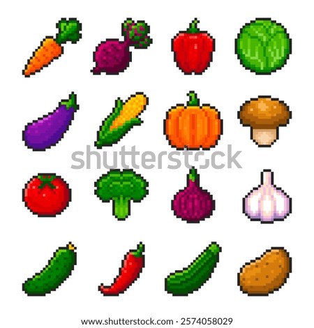 Pixel set of vegetables isolated on white background. Pixelated badges, game assets or computer arcade food items. Vegetable icons. Vector pixel art illustration in 16 bit old style.