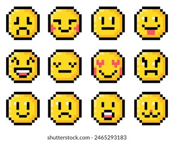 Pixel set with yellow emojis. Pixel art cute emotional faces isolated on a white background. Vector 8bit pixel illustration.