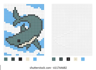 Pixel shark cartoon in the coloring page with numbered squares, vector illustration