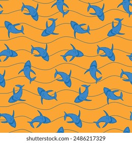 Pixel Shark seamless pattern. 8 bit sharks print. Predator fish ornament for sport textile, clothes, wrapping paper. Kids print