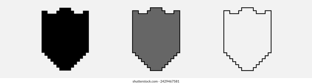 Pixel shield in 8bit game icon set. Shield protection