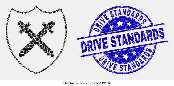 Pixel shield and swords mosaic icon and Drive Standards seal stamp. Blue vector round distress stamp with Drive Standards message. Vector collage in flat style.