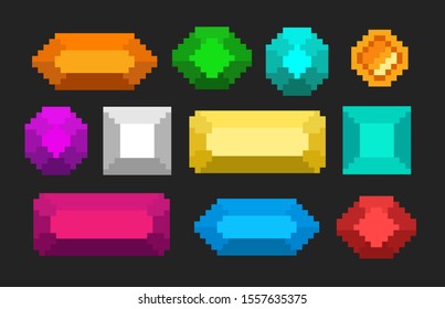 Pixel shine colorful diamond set isolated on black background. Jewelry 16 bit gems collection. Fantasy stones for video game.
