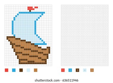 Pixel ship in the coloring page with numbered squares, vector illustration
