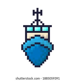Pixel Schiff Symbol. Vorderseite. Farbige Kontur Silhouette. Vektorgrafik-Flachbild-Illustration. Das einzelne Objekt auf weißem Hintergrund. Isolieren.