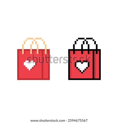 pixel shopping bag with hear icon. Vector pixel art valentine day 8 bit for game company logo template 