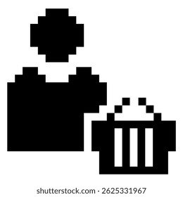 Pixel shopping with shopping basket icon vector for online groceries, pixelated design, and store management. Ideal for game UI, ecommerce app, and digital basket visuals.