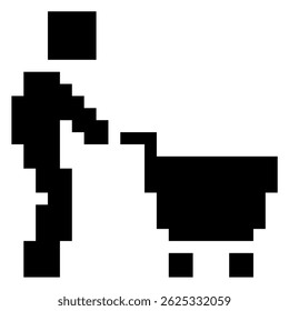 Pixel shopping with shopping basket icon vector for market activity, checkout, and item selection in retro style. Ideal for 8-bit commerce, retro game UI, and nostalgic e-commerce design.