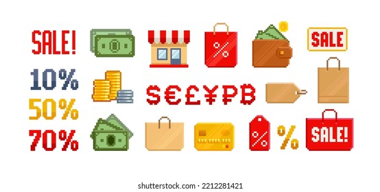 Pixel shopping icon set - editable vector template. Pixel shop or store. Currency and money icons. Marketplace pixel art icons collection. Retro 8-bit computer game style