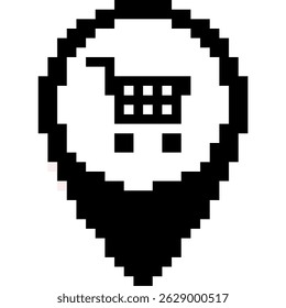Pixel shopping locatie pictogram vector voor digitale winkel te vinden en winkel marker. Ideaal voor retro-kaartenapps, 8-bits kleine zoekopdrachten en pixel-e-commerce winkel pininterface-illustratie.