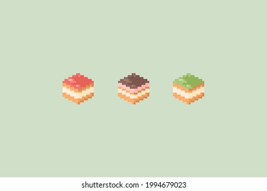 Pixel short cake illustration set. Vector pixel short cake with chocolate, strawberry and matcha tea. 8 bit retro game style square cakes icon set. Pixel sweets isolated icons on white background.