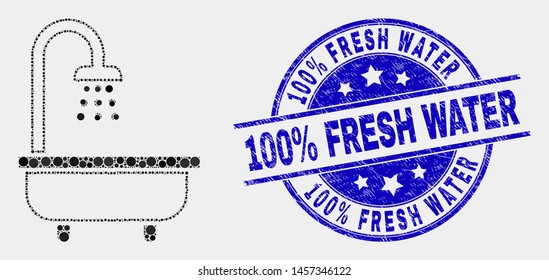 Pixel shower bath mosaic icon and 100% Fresh Water seal stamp. Blue vector round grunge seal stamp with 100% Fresh Water text. Vector collage in flat style.
