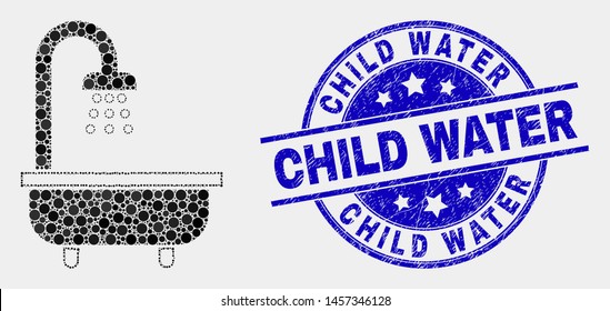 Pixel shower bath mosaic icon and Child Water stamp. Blue vector rounded scratched seal stamp with Child Water caption. Vector combination in flat style.