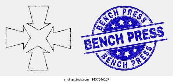 Pixel shrink arrows mosaic icon and Bench Press seal. Blue vector round textured seal stamp with Bench Press text. Vector composition in flat style.