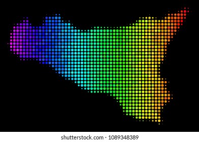 Pixel Sicilia map. Halftone geographical scheme in spectral color variations with horizontal gradient on a black background. Vector pattern of Sicilia map organized of filled spheres.