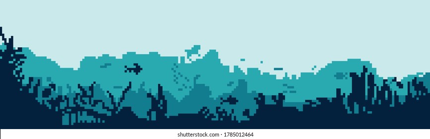 Pixel silhouette of fish and algae on the background of the reefs. Underwater ocean scene. Deep blue water, coral reef and underwater plants. beautiful underwater scene;